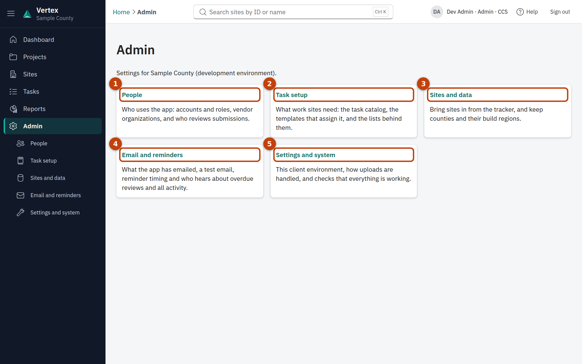 The Admin page with its sections.