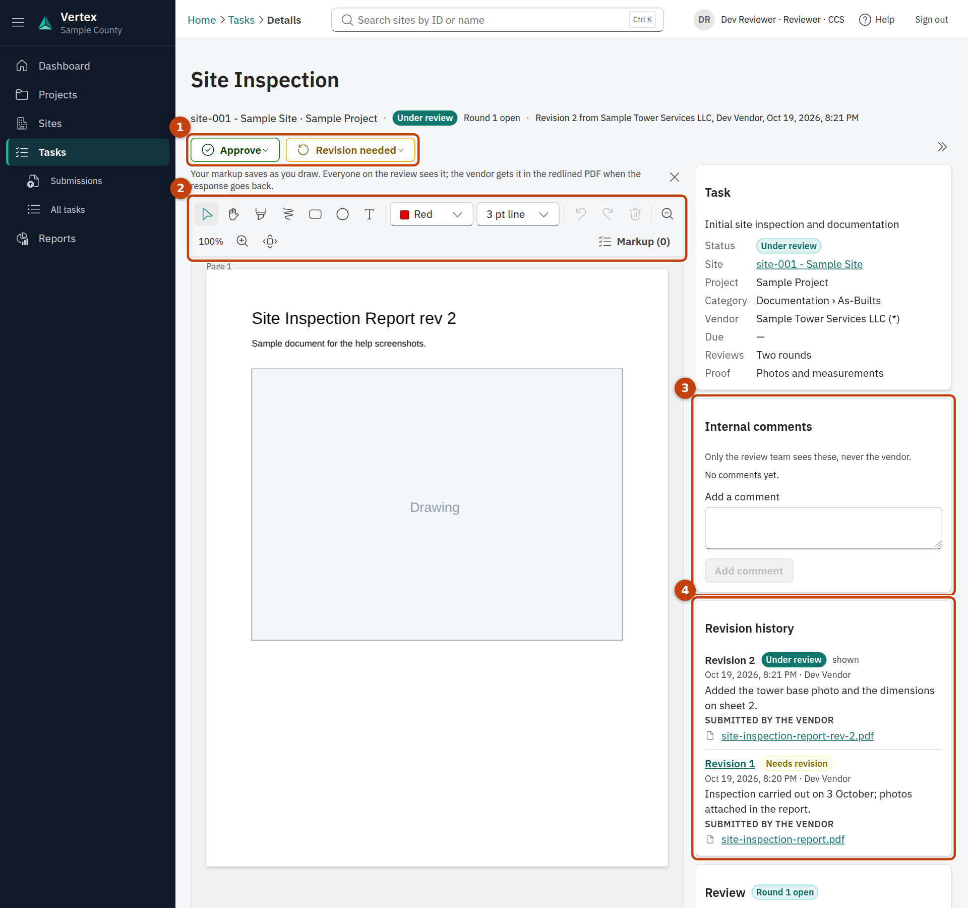The review page: decision buttons above the drawing, the markup toolbar, and the rail with the task, comments and history.