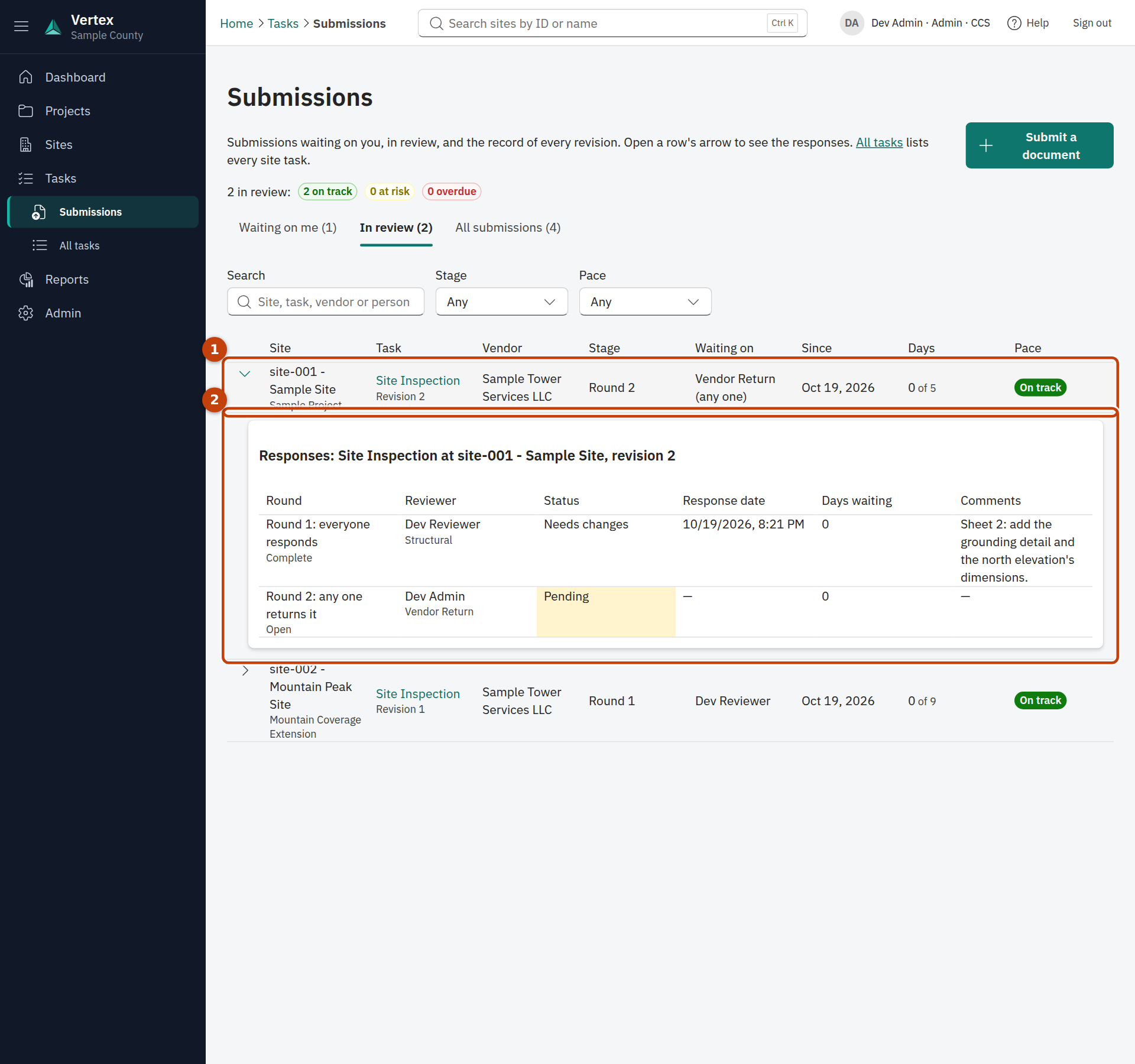 Tasks › In review with a row opened to show each reviewer's response.