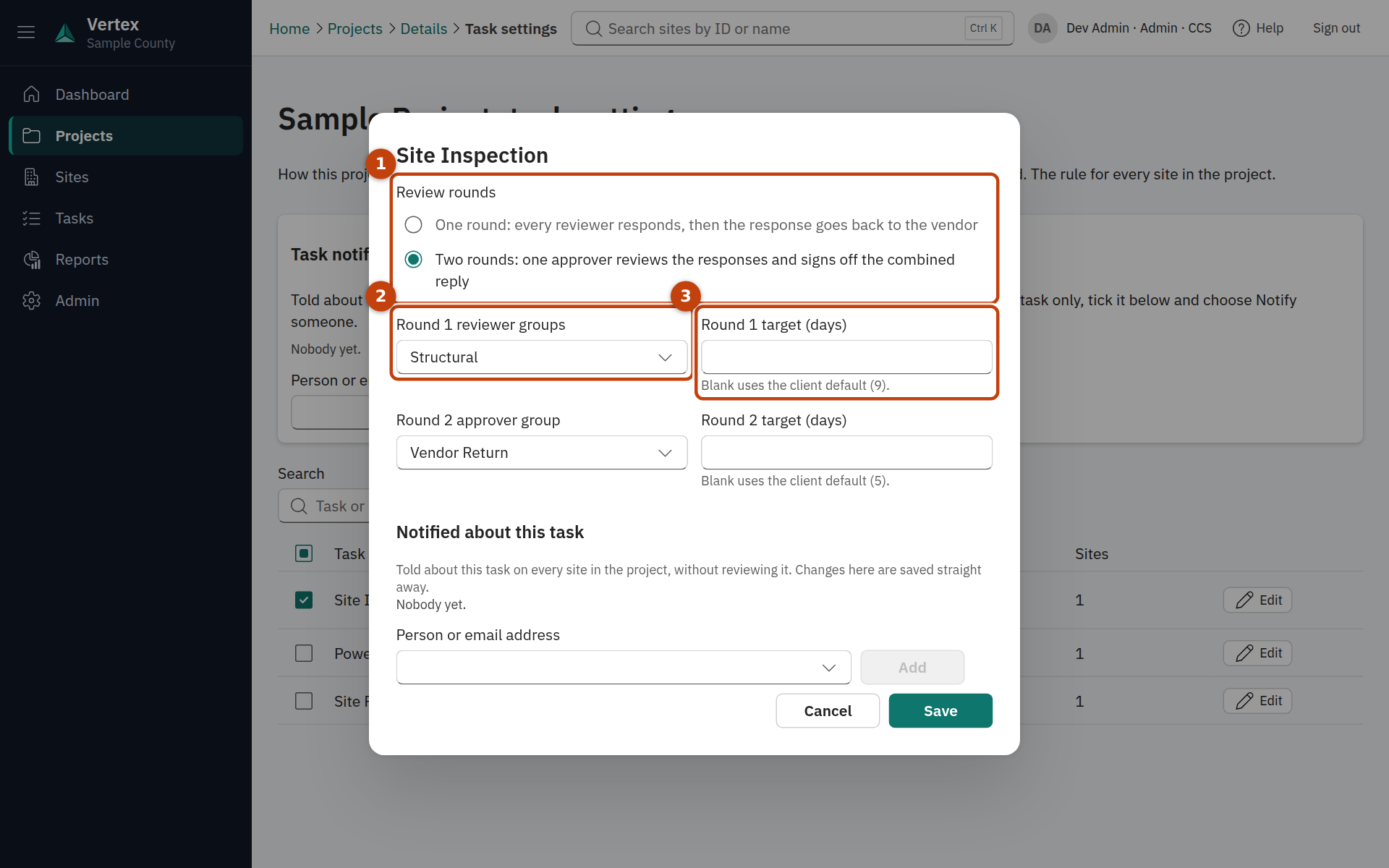 A project's task settings: review rounds, reviewer groups and targets per task.