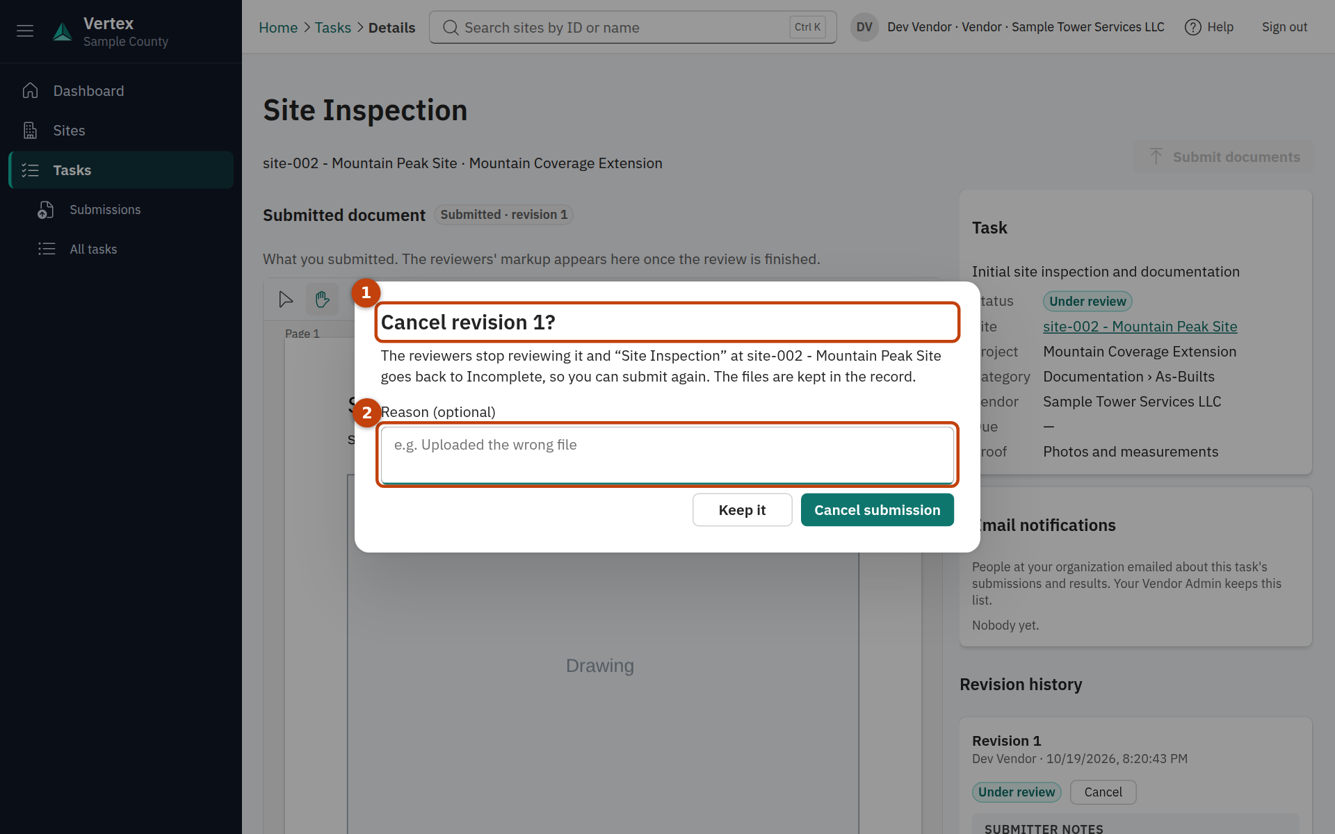 The task page with the Cancel button on the open revision and the confirmation dialog.