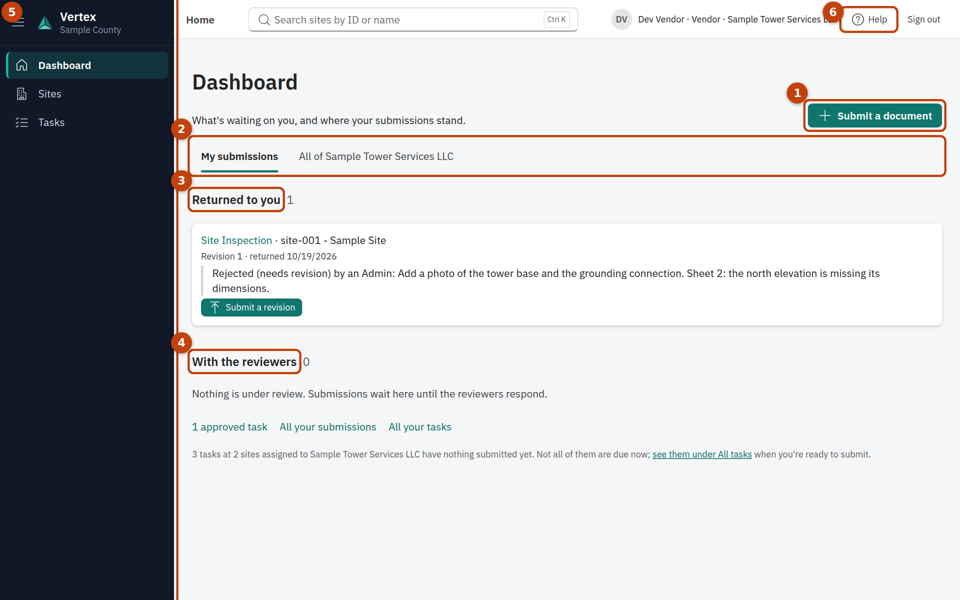 The vendor dashboard with the Returned to you and With the reviewers sections.