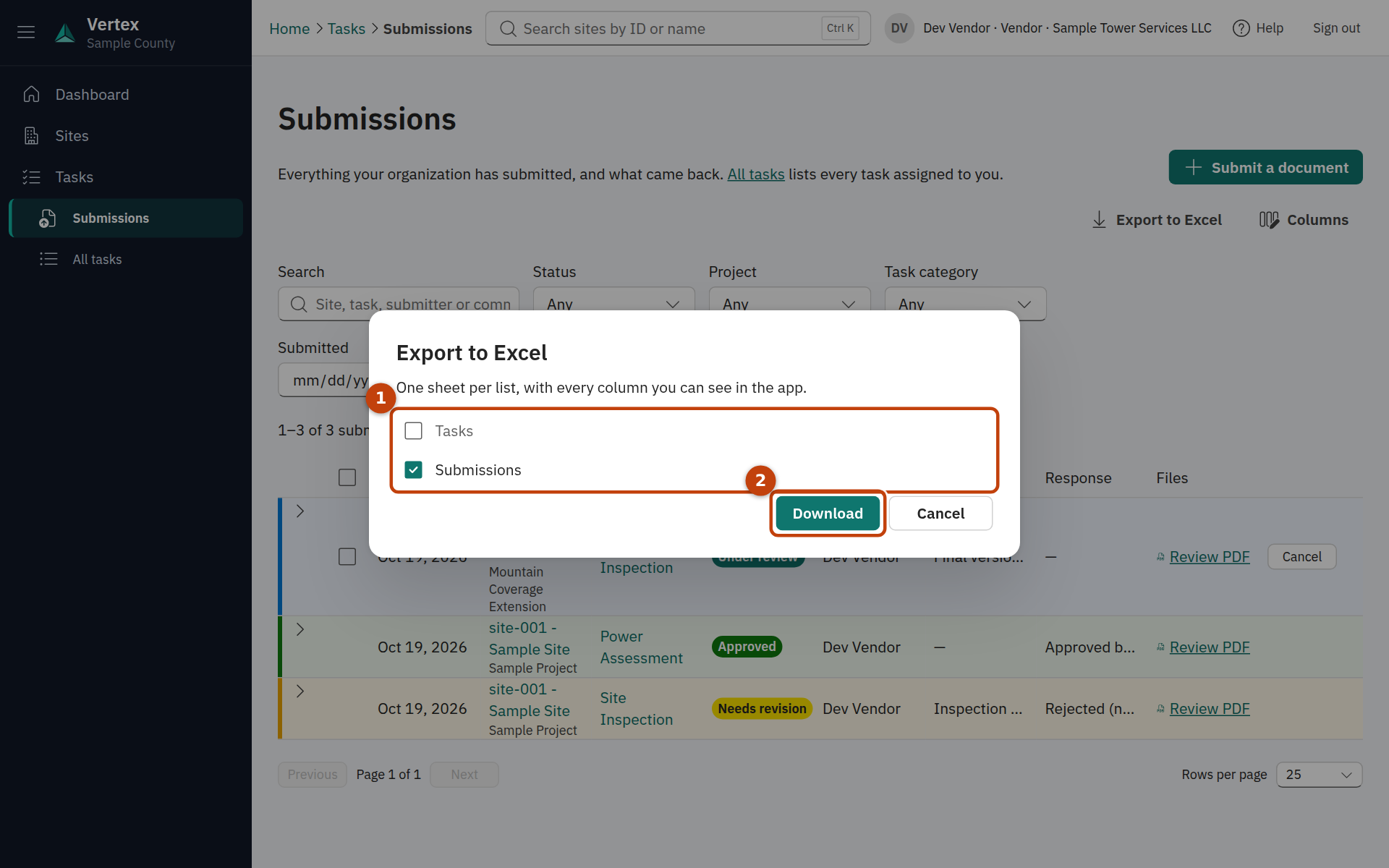 The Export to Excel dialog with the Tasks and Submissions sheets ticked.