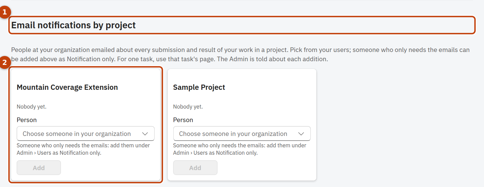 Email notifications by project on a Vendor Admin's Users page: one card per project with its list and a person picker.