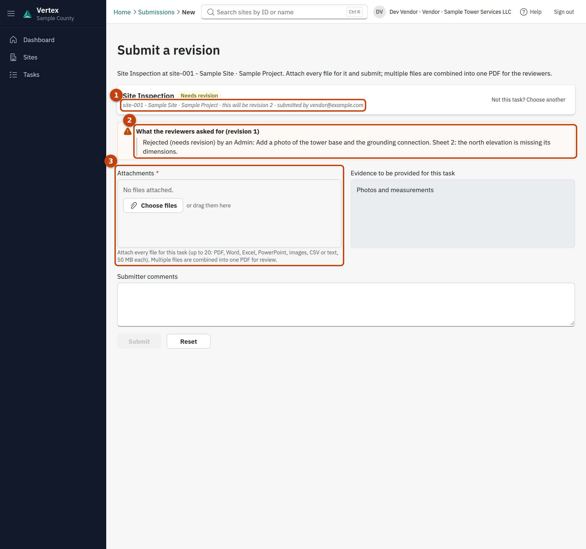The submission form opened for a returned task, with the reviewers' request shown above the attachments.