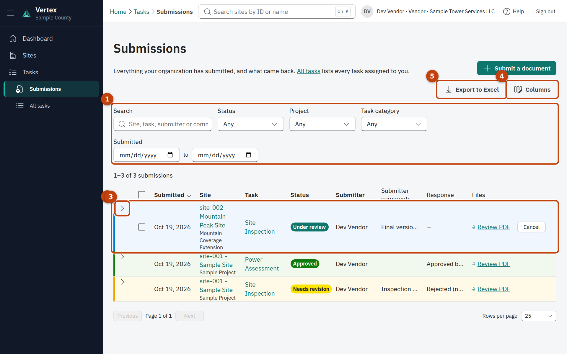 The Submissions table for a vendor, with filters above it and rows coloured by status.