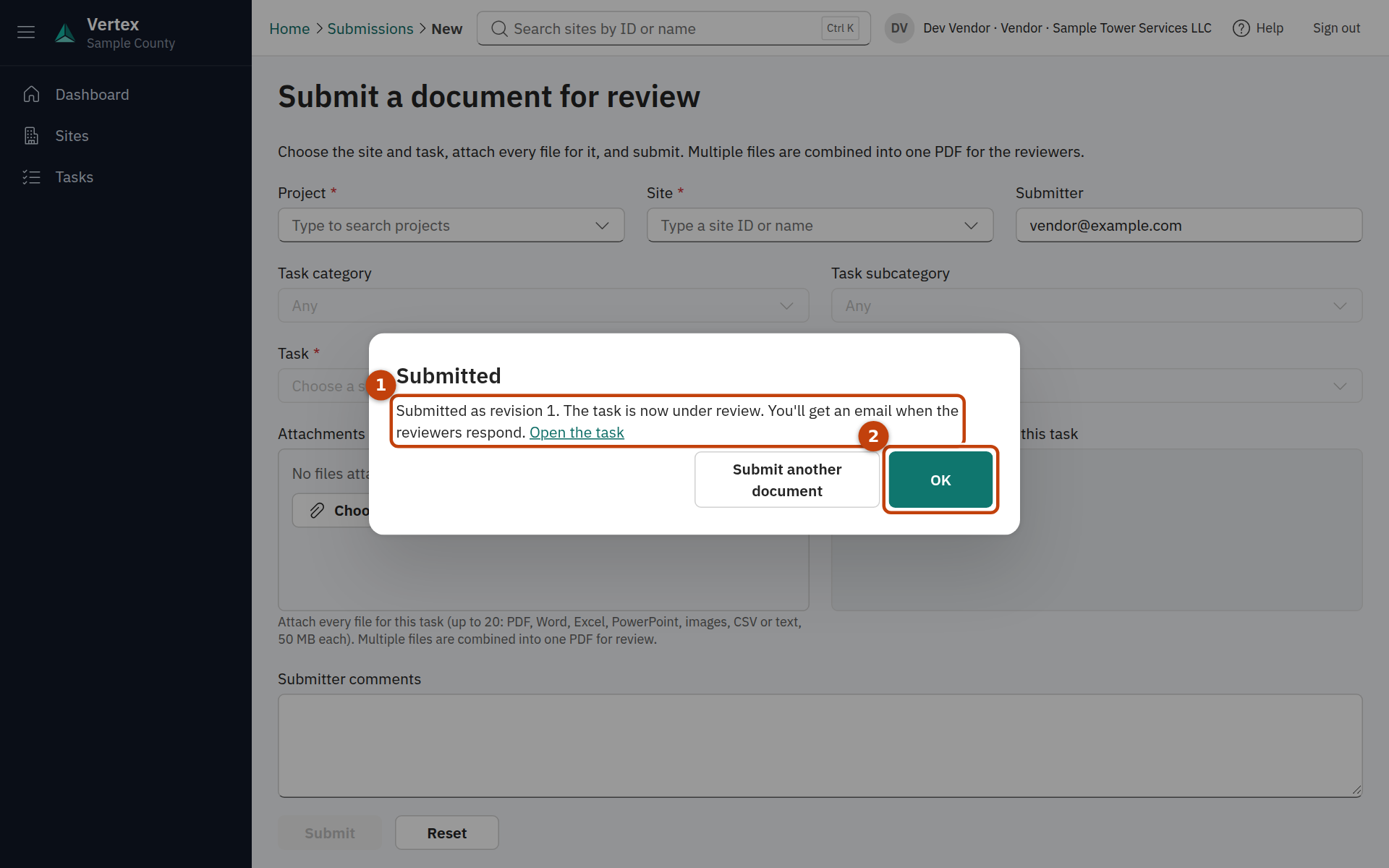 The confirmation dialog after submitting, naming the revision number.