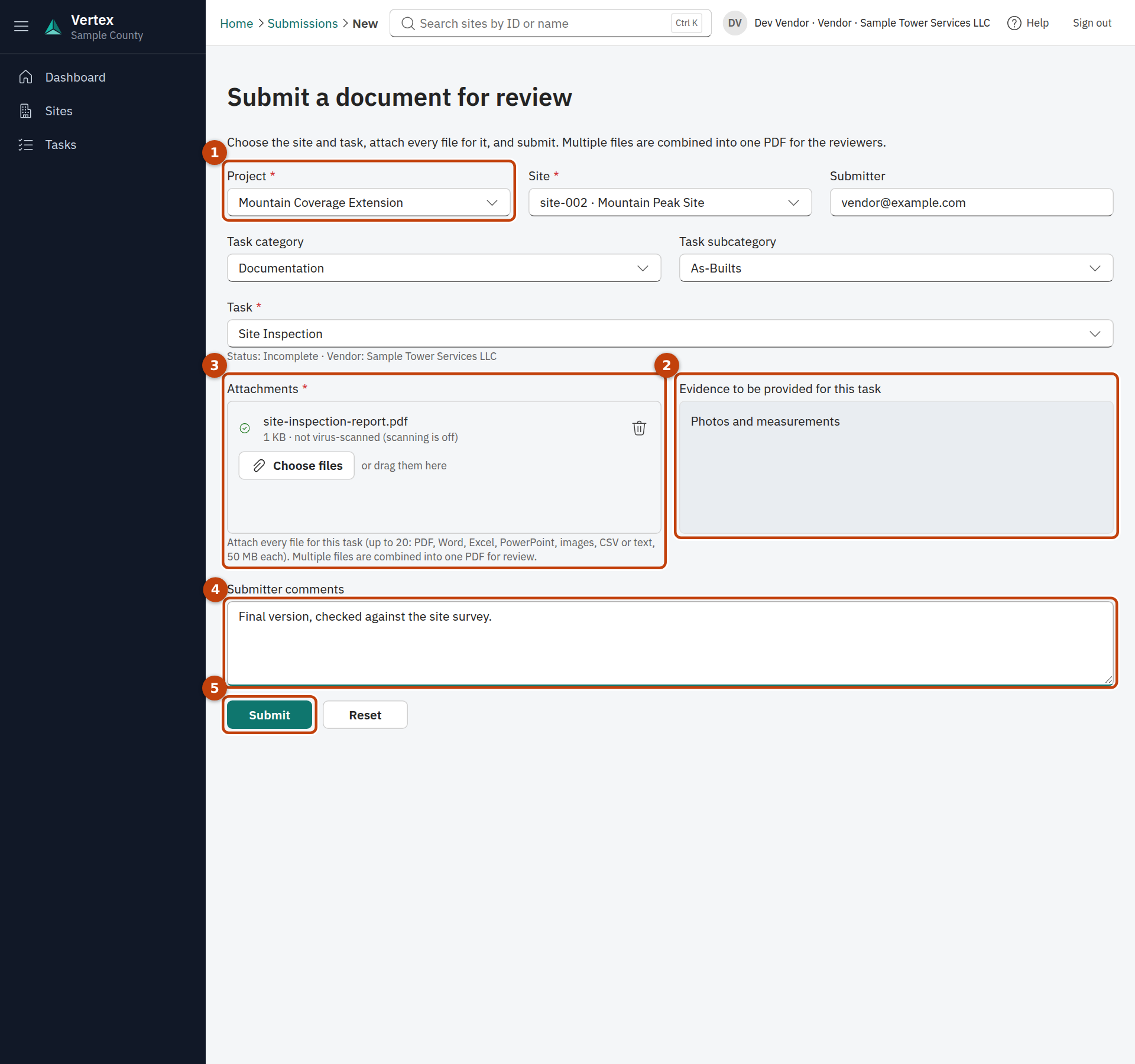 The submission form with the project, site and task pickers, the attachments area and the comments box.