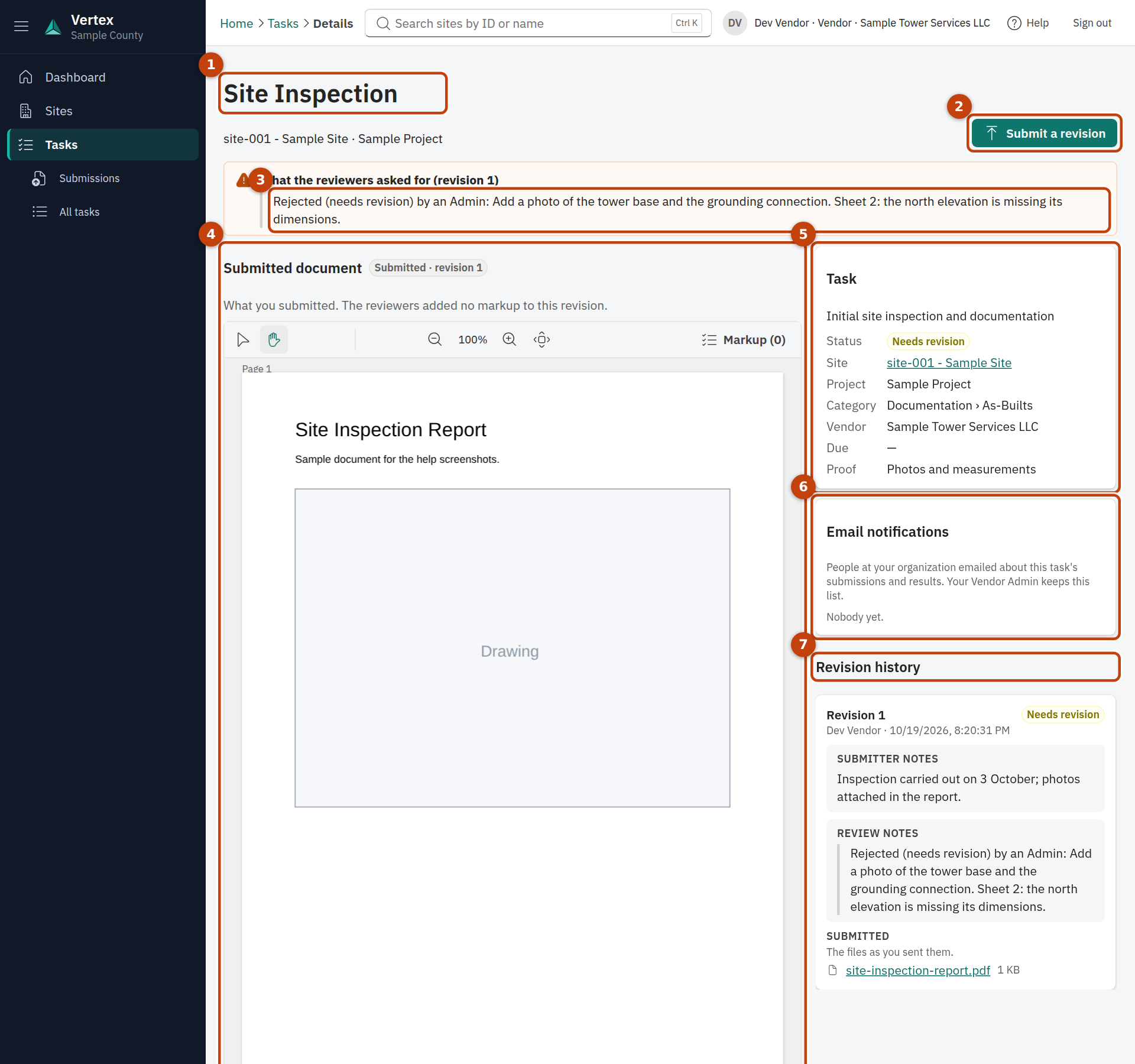 A task's page as a vendor sees it: the task details, the response at the top and the revision history.