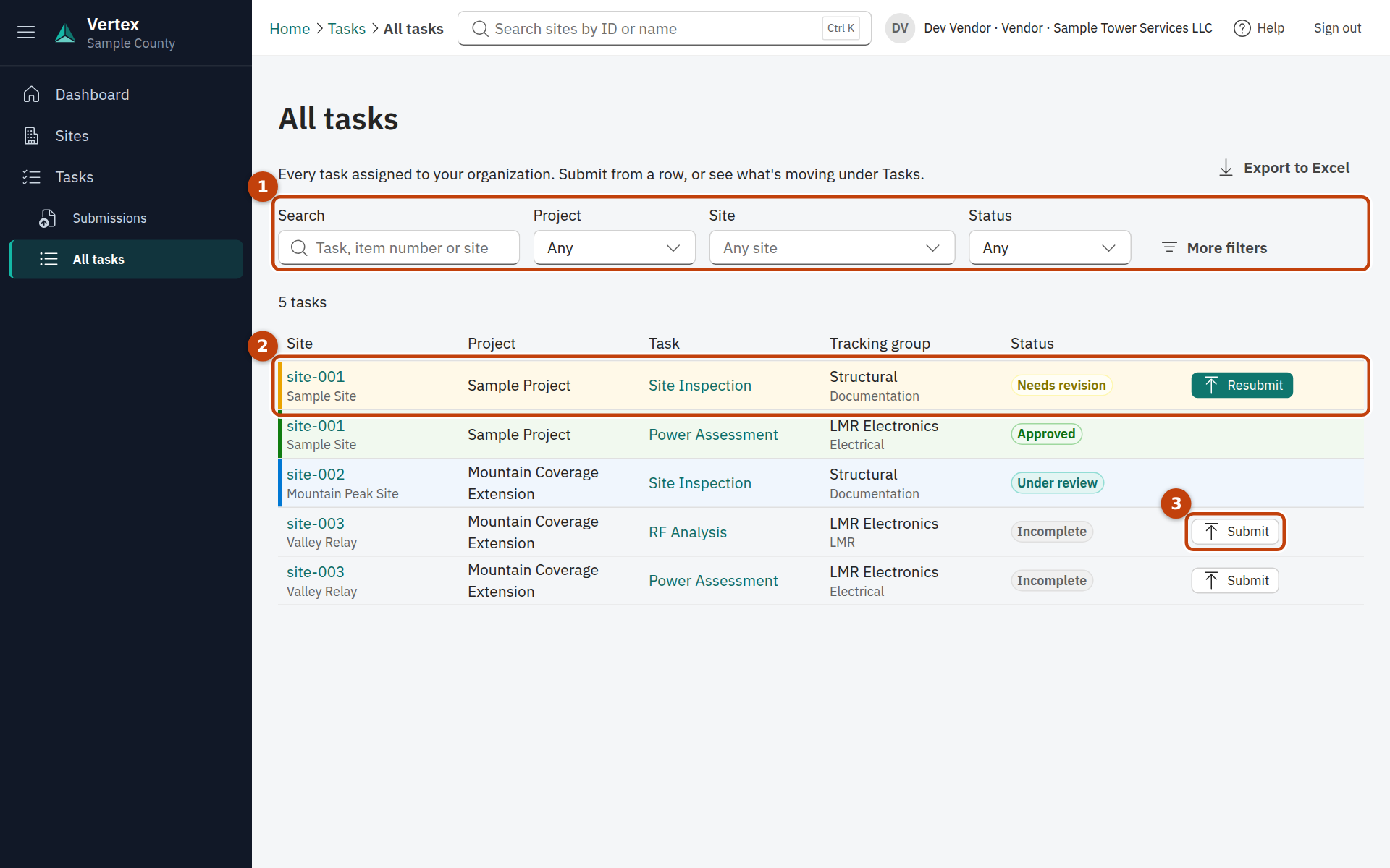 The All tasks list for a vendor with filters and Submit buttons.