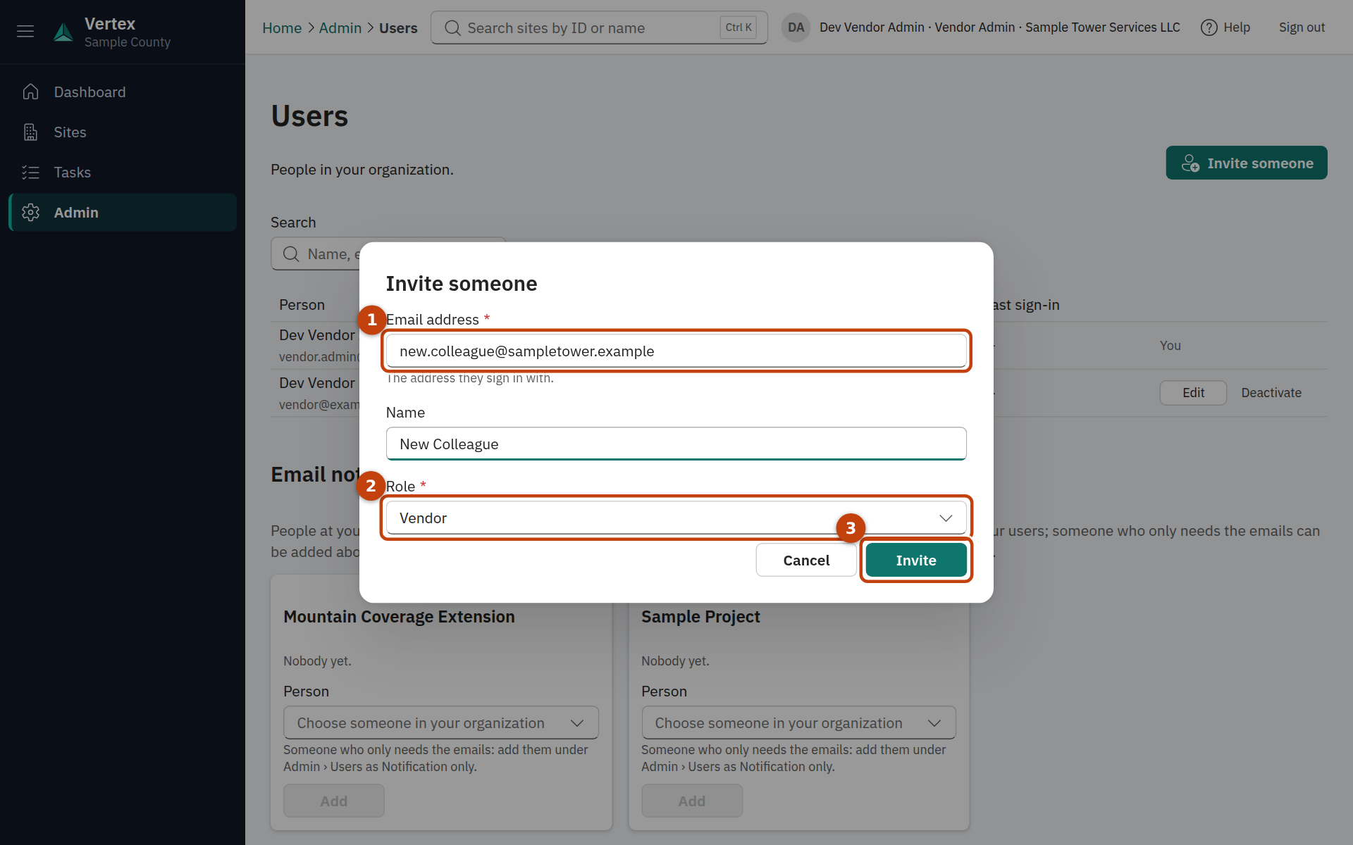 The Invite someone dialog with the email address, name and role fields.